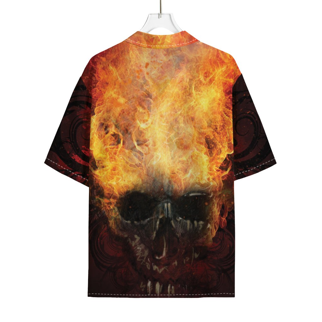 Flaming Demon Skull Print Rayon Hawaiian Shirt