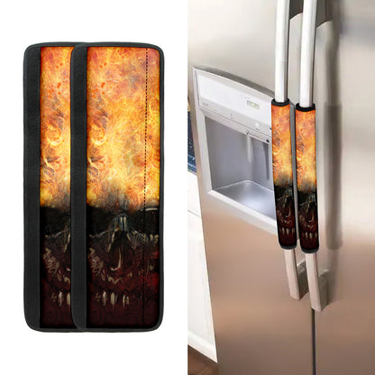 Flaming Demon Skull Print Refrigerator Handle Covers