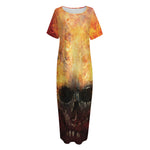 Flaming Demon Skull Print Short Sleeve Long Nightdress