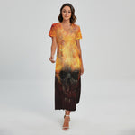 Flaming Demon Skull Print Short Sleeve Maxi Dress