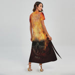 Flaming Demon Skull Print Short Sleeve Maxi Dress