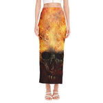 Flaming Demon Skull Print Side Slit Maxi Skirt