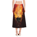 Flaming Demon Skull Print Side Slit Midi Skirt