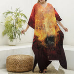 Flaming Demon Skull Print Silk V-Neck Kaftan Dress