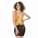 Flaming Demon Skull Print Sleeveless Bodycon Dress