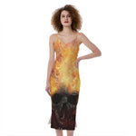 Flaming Demon Skull Print Slim Fit Midi Cami Dress
