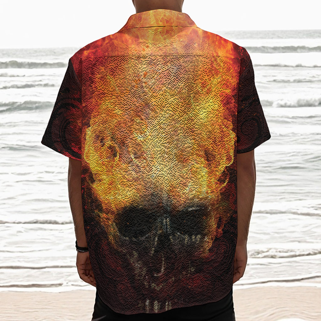 Flaming Demon Skull Print Textured Short Sleeve Shirt