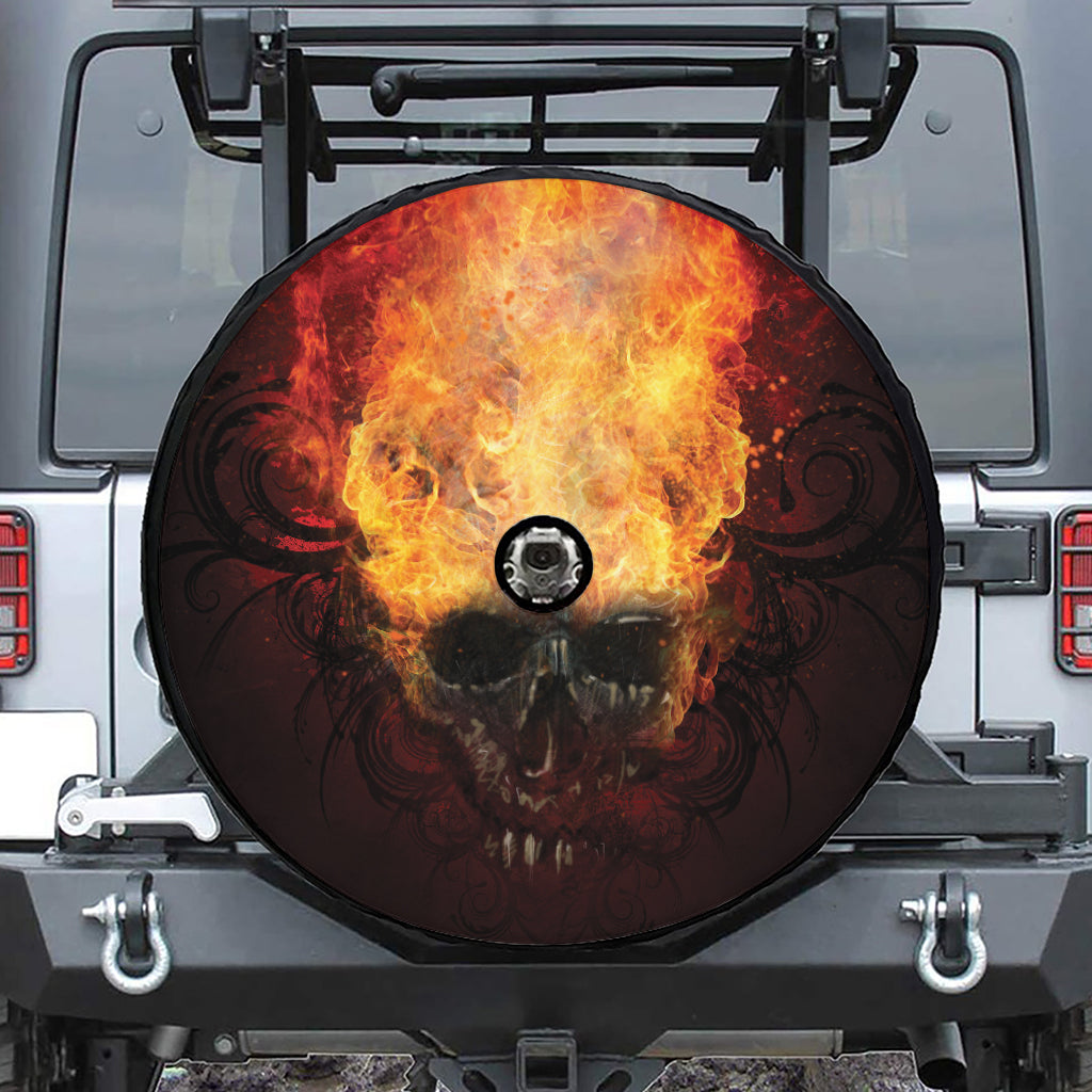 Flaming Demon Skull Print Tire Cover With Camera Hole