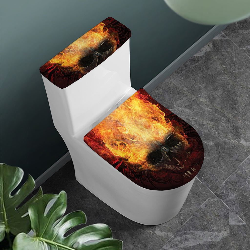 Flaming Demon Skull Print Toilet Lid And Tank Cover Set