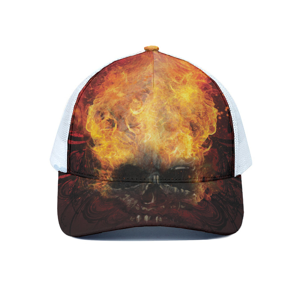 Flaming Demon Skull Print White Mesh Trucker Cap