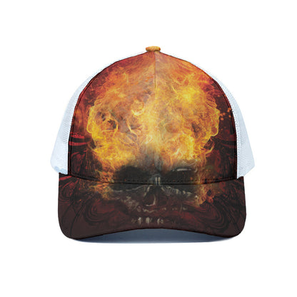 Flaming Demon Skull Print White Mesh Trucker Cap