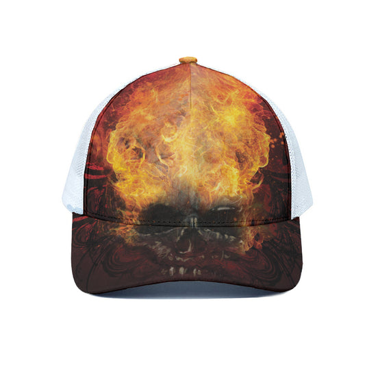 Flaming Demon Skull Print White Mesh Trucker Cap