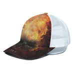 Flaming Demon Skull Print White Mesh Trucker Cap