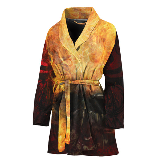 Flaming Demon Skull Print Women's Bathrobe