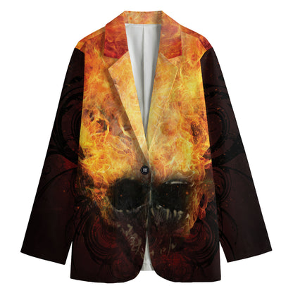 Flaming Demon Skull Print Women's Blazer