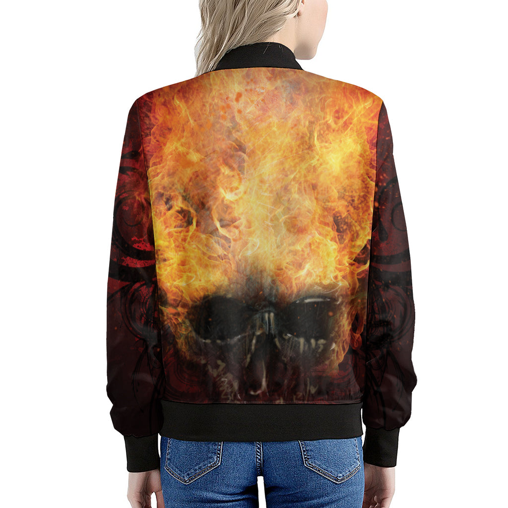 Flaming Demon Skull Print Women's Bomber Jacket