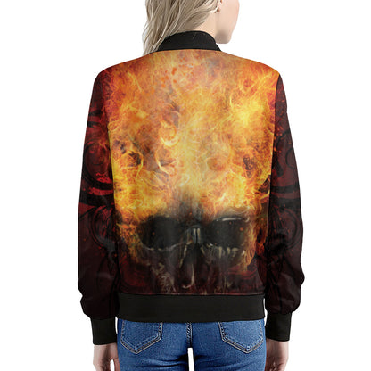 Flaming Demon Skull Print Women's Bomber Jacket
