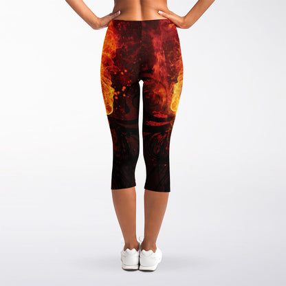 Flaming Demon Skull Print Women's Capri Leggings