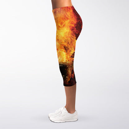 Flaming Demon Skull Print Women's Capri Leggings