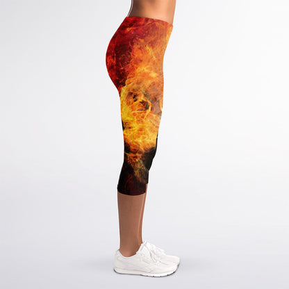 Flaming Demon Skull Print Women's Capri Leggings