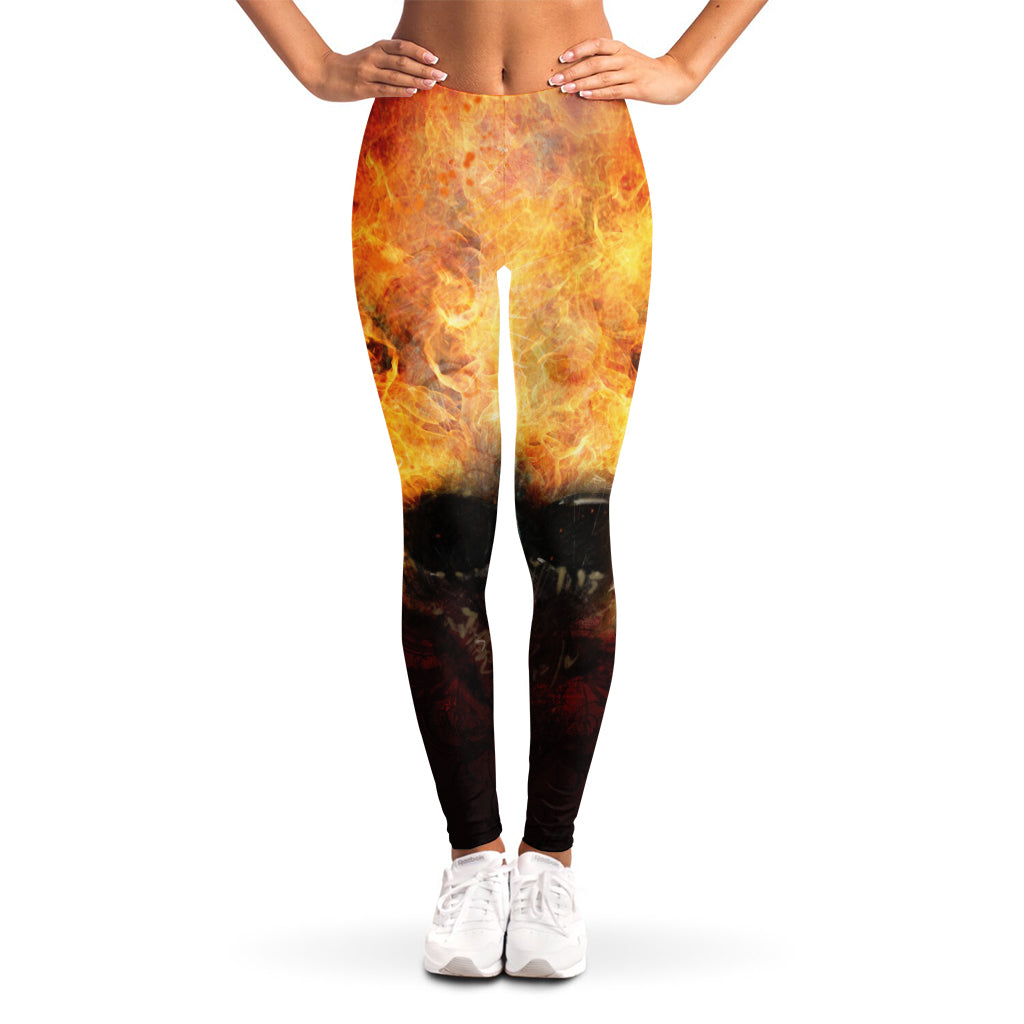 Flaming Demon Skull Print Women's Leggings