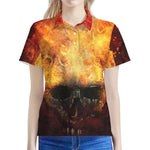 Flaming Demon Skull Print Women's Polo Shirt