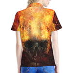 Flaming Demon Skull Print Women's Polo Shirt