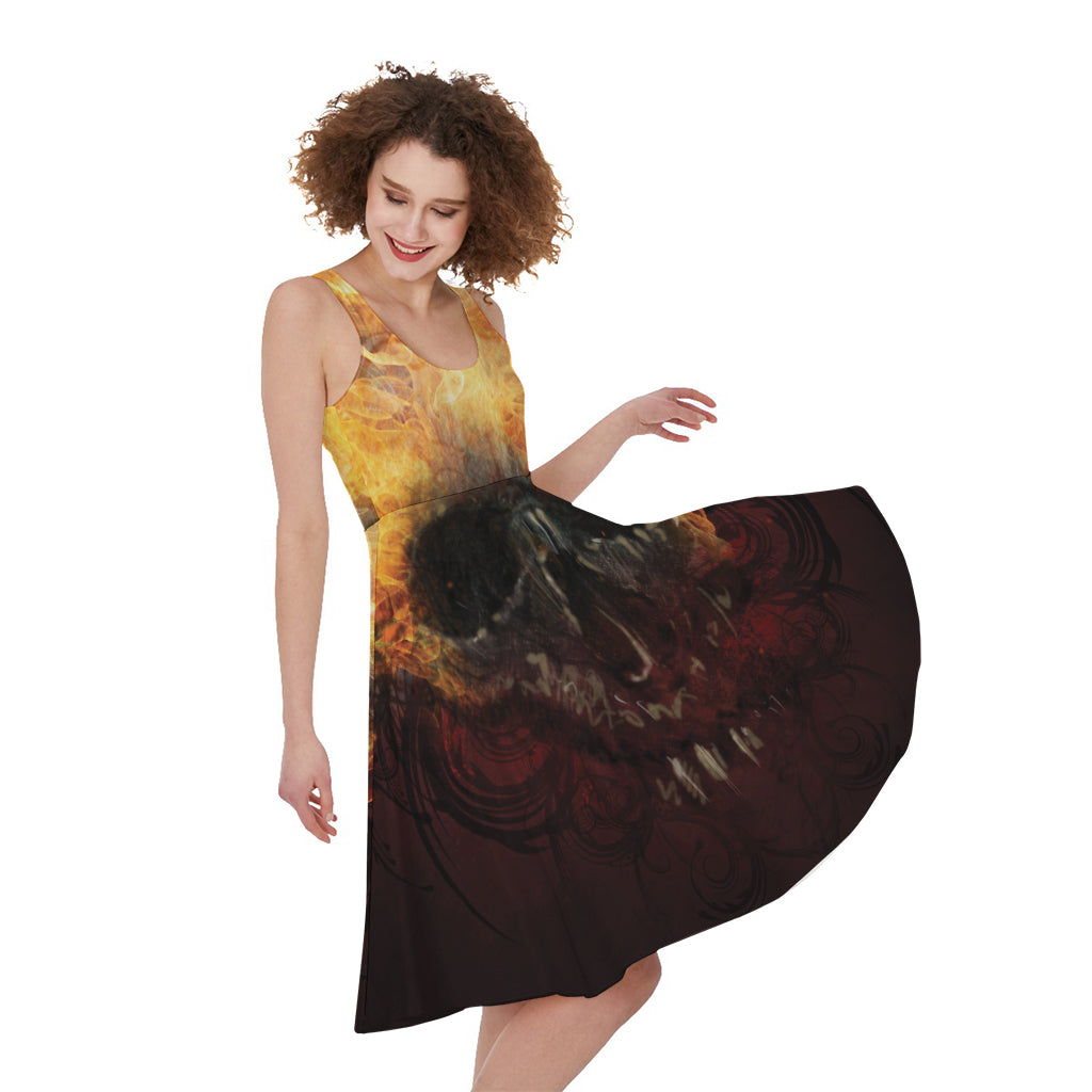 Flaming Demon Skull Print Women's Sleeveless Dress