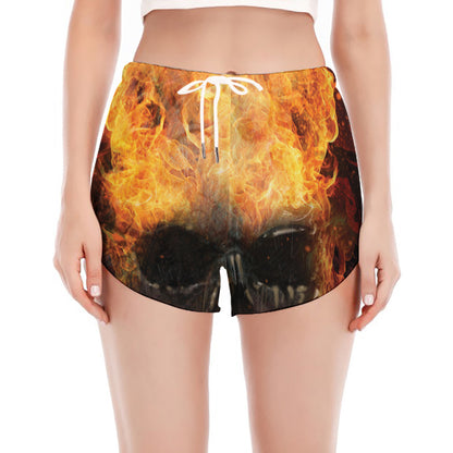 Flaming Demon Skull Print Women's Split Running Shorts