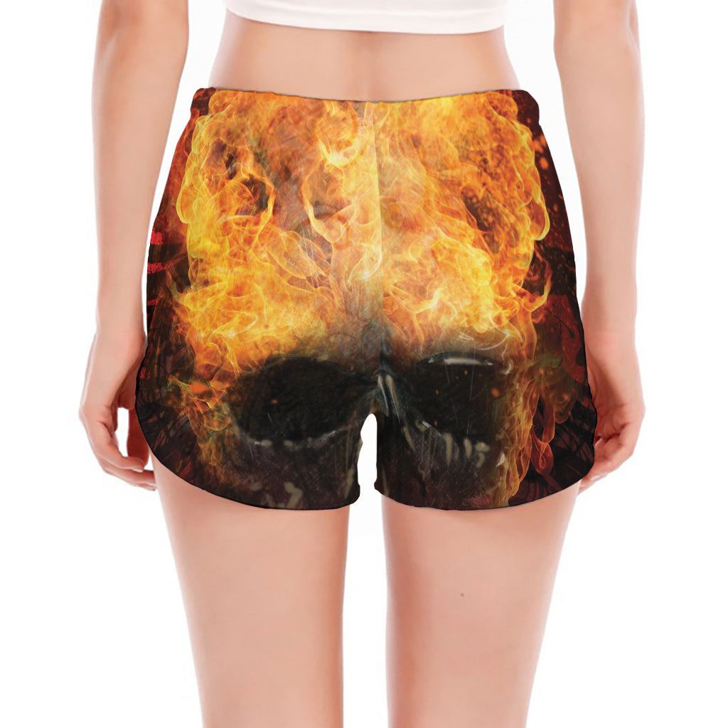 Flaming Demon Skull Print Women's Split Running Shorts
