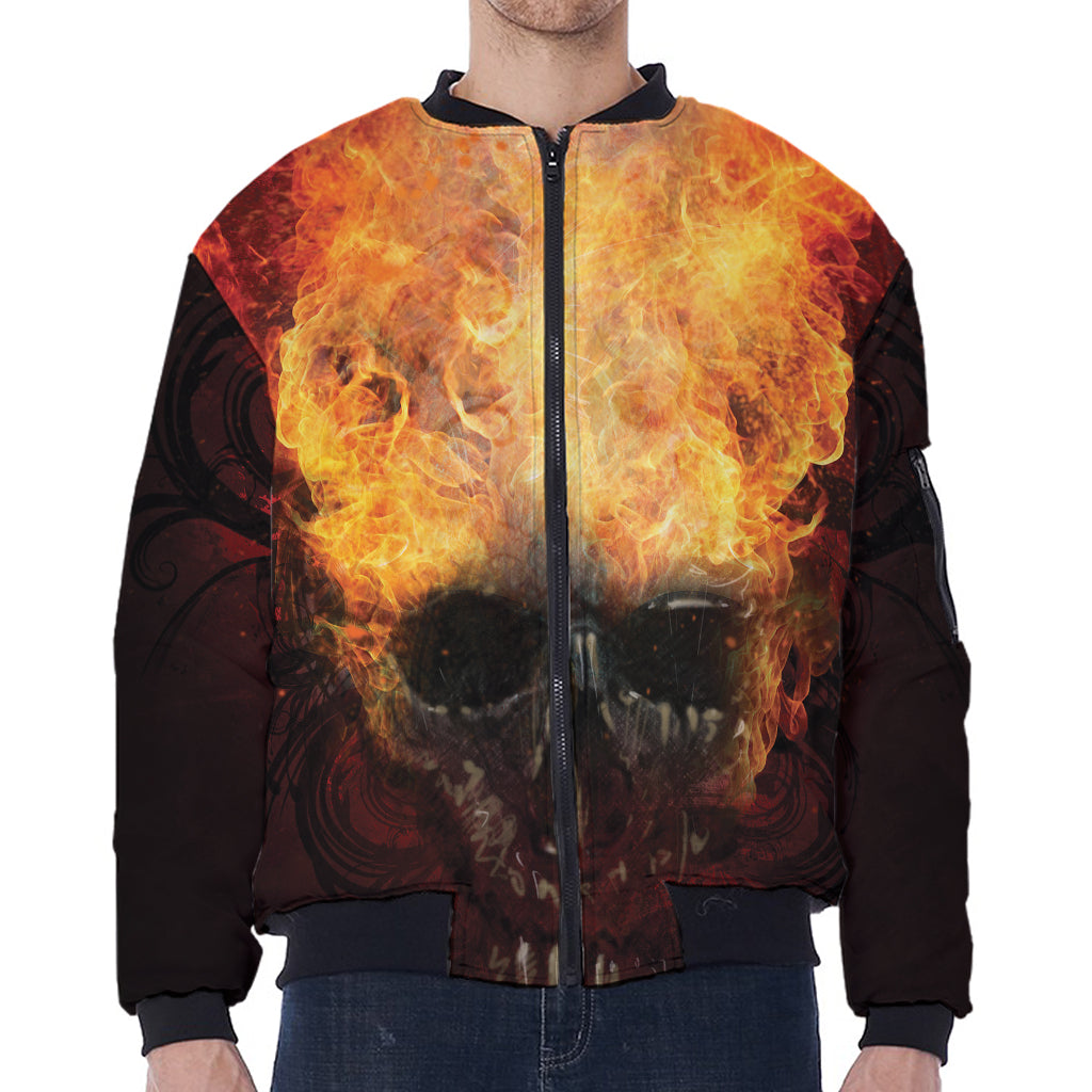 Flaming Demon Skull Print Zip Sleeve Bomber Jacket