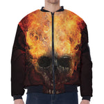 Flaming Demon Skull Print Zip Sleeve Bomber Jacket