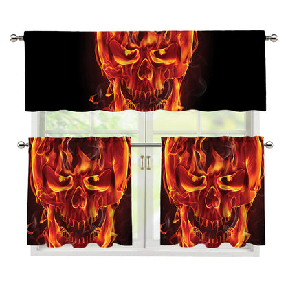 Flaming Evil Skull Print 3 Piece Kitchen Curtains