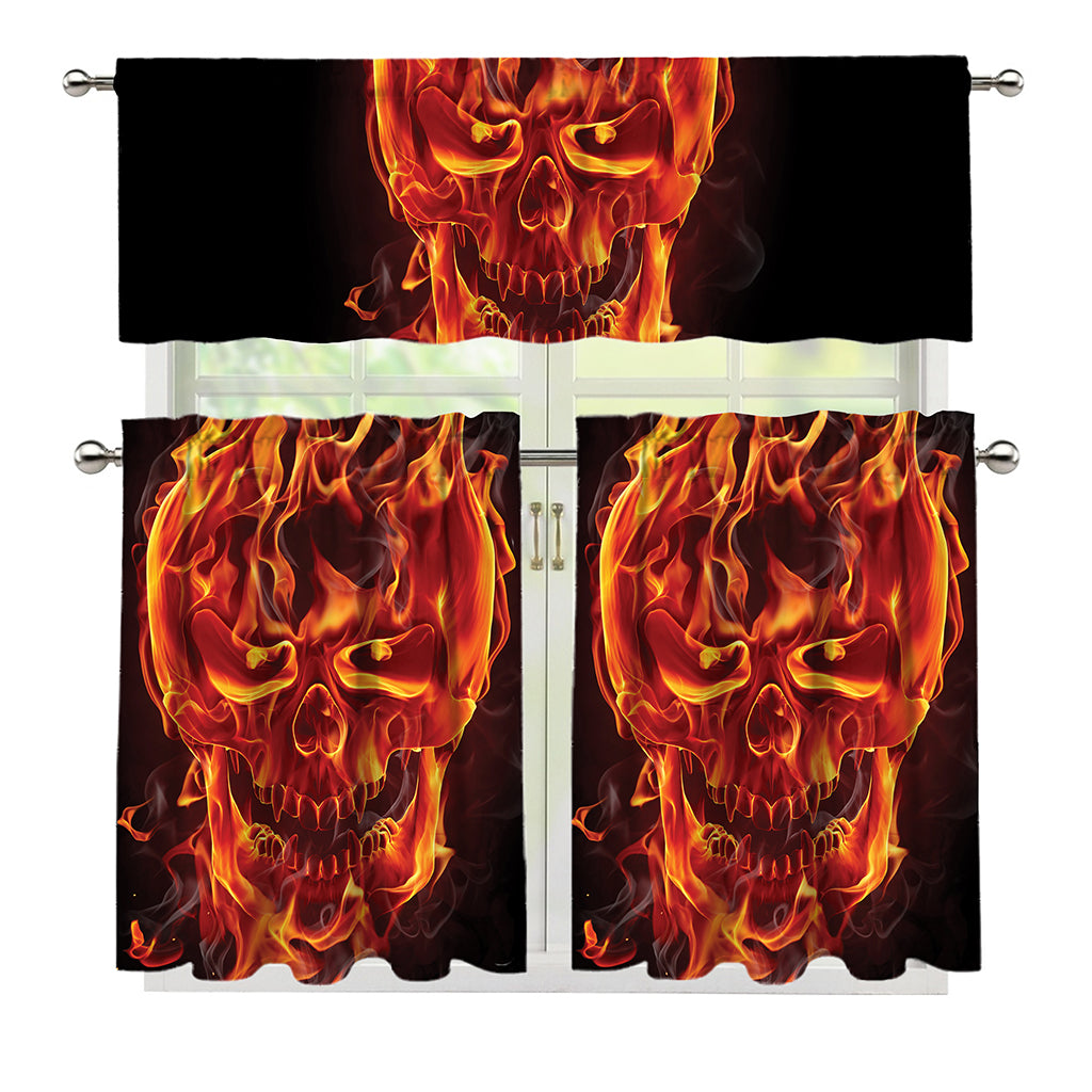 Flaming Evil Skull Print 3 Piece Kitchen Curtains