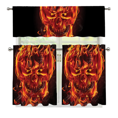 Flaming Evil Skull Print 3 Piece Kitchen Curtains