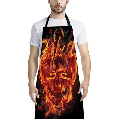Flaming Evil Skull Print Bib Apron With Pocket