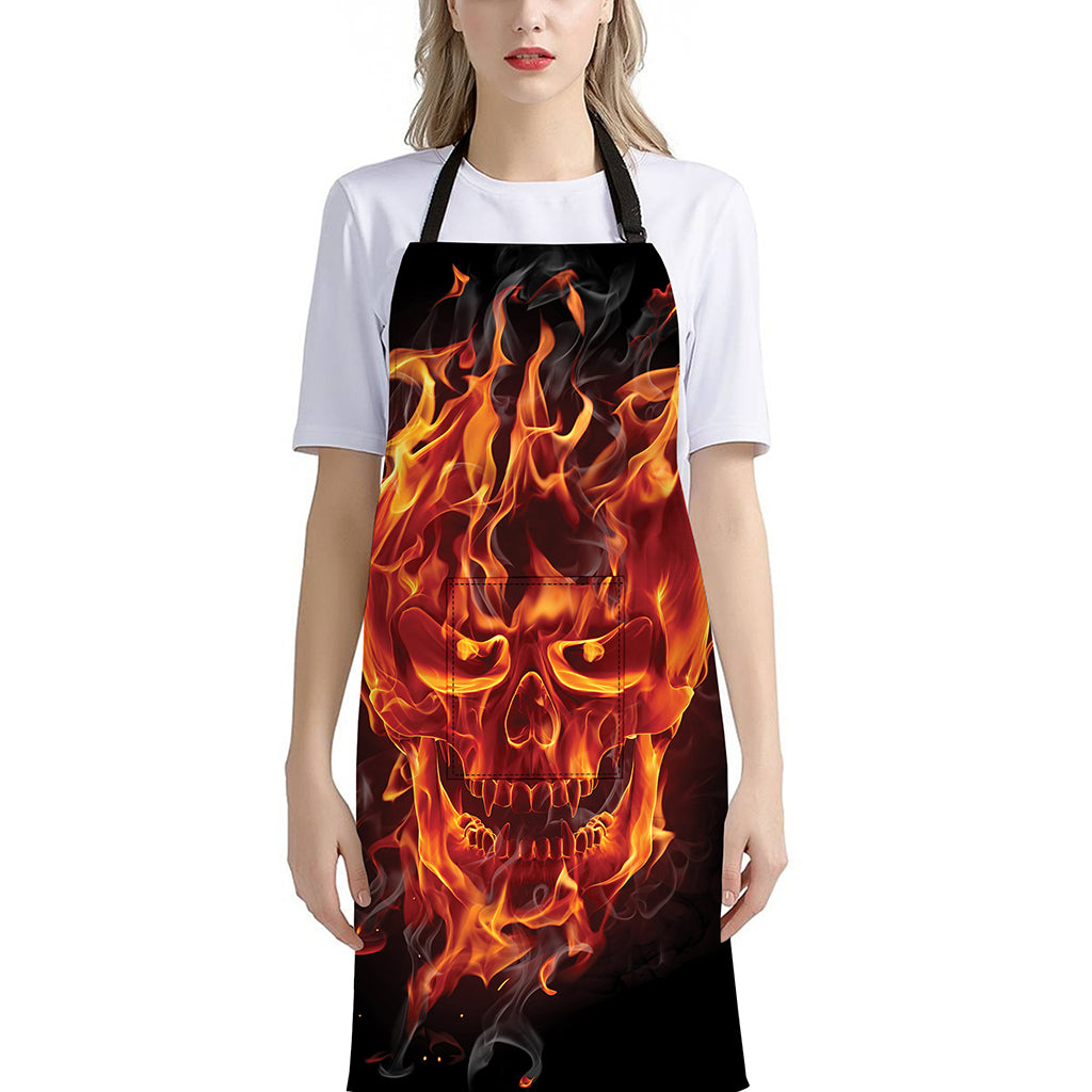 Flaming Evil Skull Print Bib Apron With Pocket