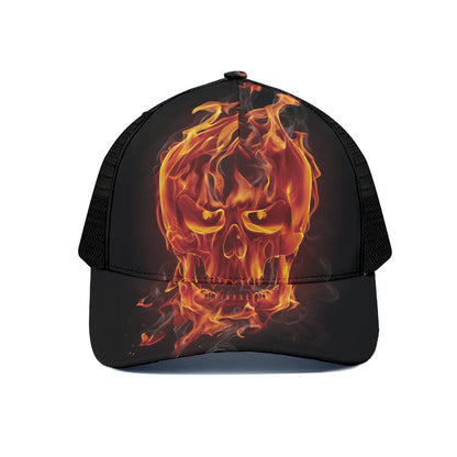 Flaming Evil Skull Print Black Mesh Trucker Cap