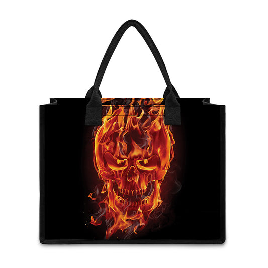 Flaming Evil Skull Print Canvas Tote Bag