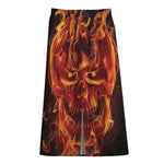 Flaming Evil Skull Print Cotton Front Slit Maxi Skirt