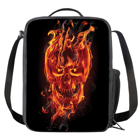 Flaming Evil Skull Print Crossbody Lunch Bag