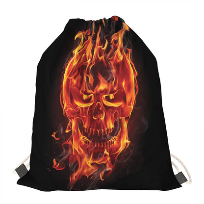 Flaming Evil Skull Print Drawstring Bag