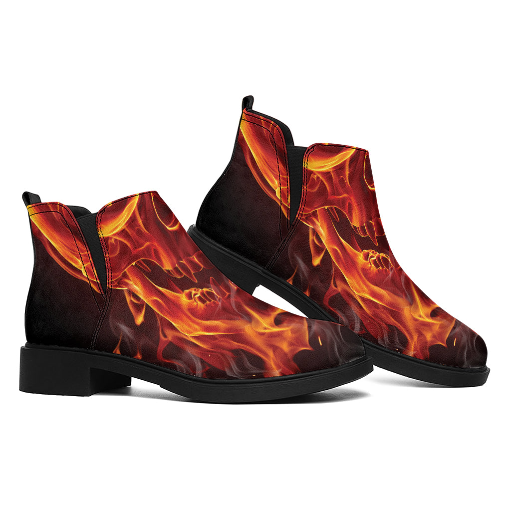 Flaming Evil Skull Print Flat Ankle Boots