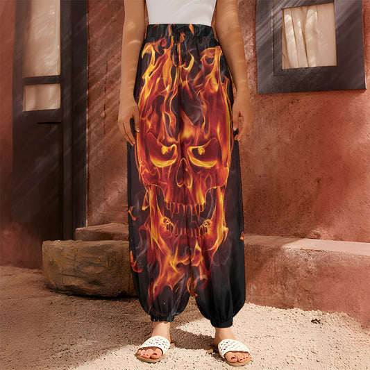 Flaming Evil Skull Print Harem Pants