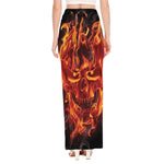 Flaming Evil Skull Print High Slit Maxi Skirt
