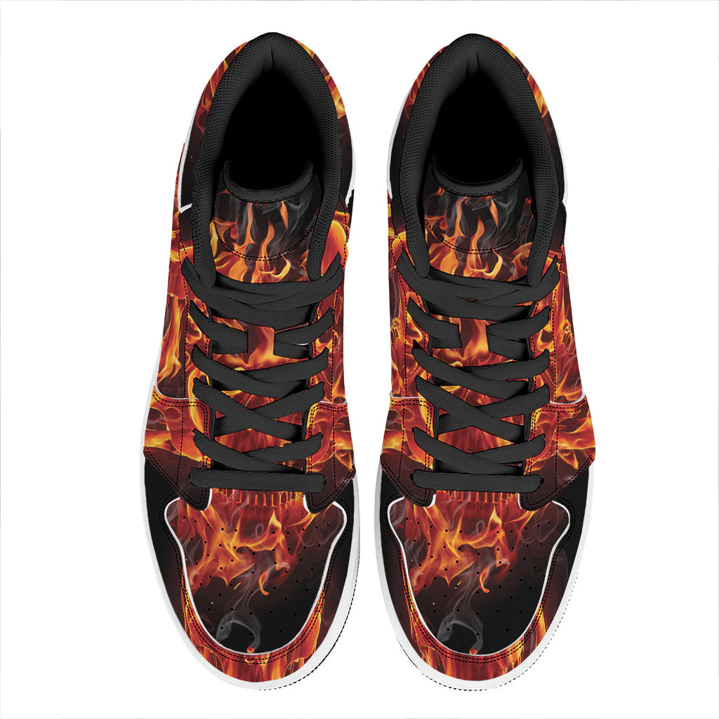 Flaming Evil Skull Print High Top Leather Sneakers