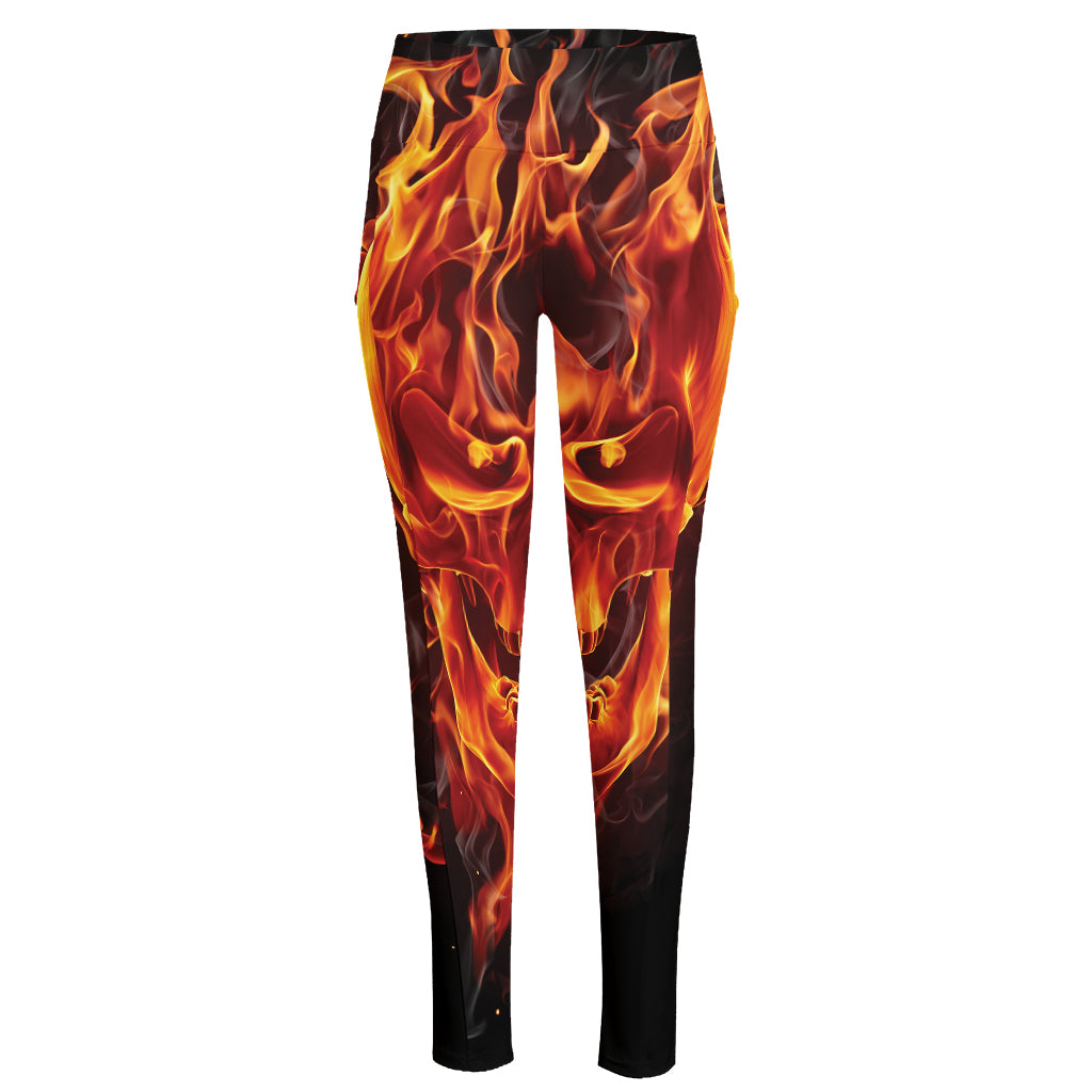 Flaming Evil Skull Print High-Waisted Pocket Leggings