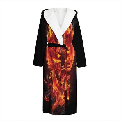 Flaming Evil Skull Print Hooded Bathrobe
