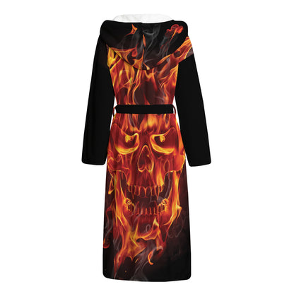 Flaming Evil Skull Print Hooded Bathrobe