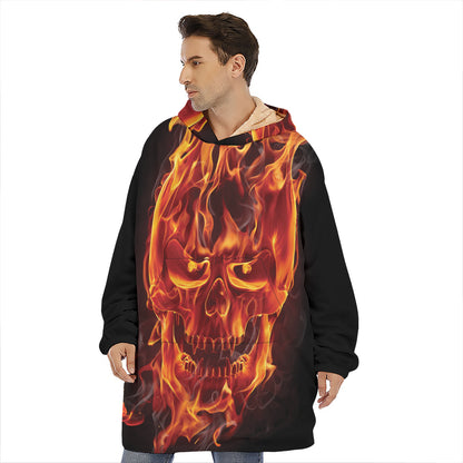 Flaming Evil Skull Print Hoodie Blanket
